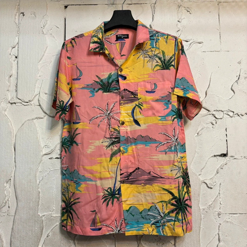 Chemise hawaienne homme rose imprimé paysage plage - GL BOUTIK