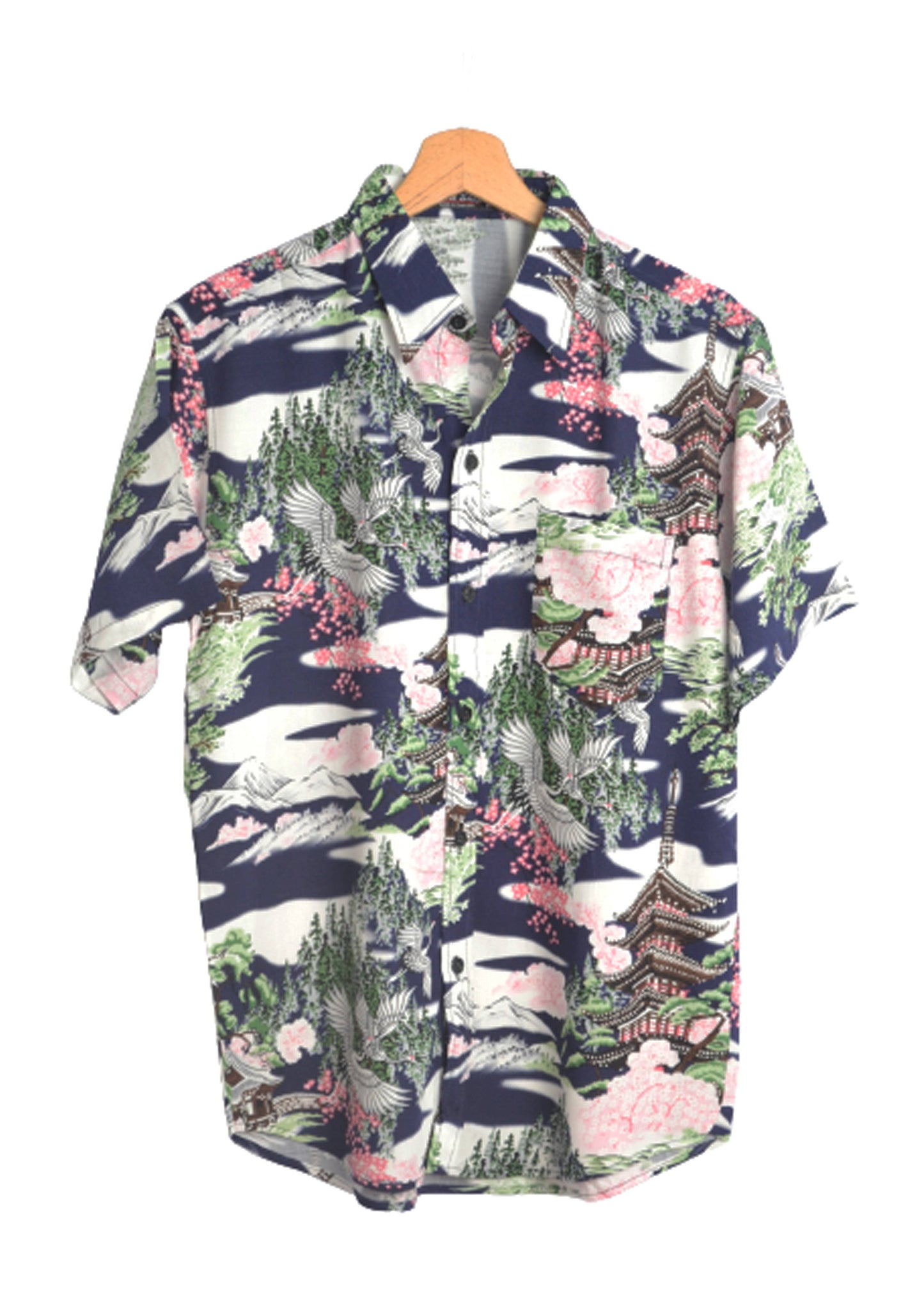 Chemise hawaienne bleu marine motifs asiatiques et grues du japon - GL BOUTIK