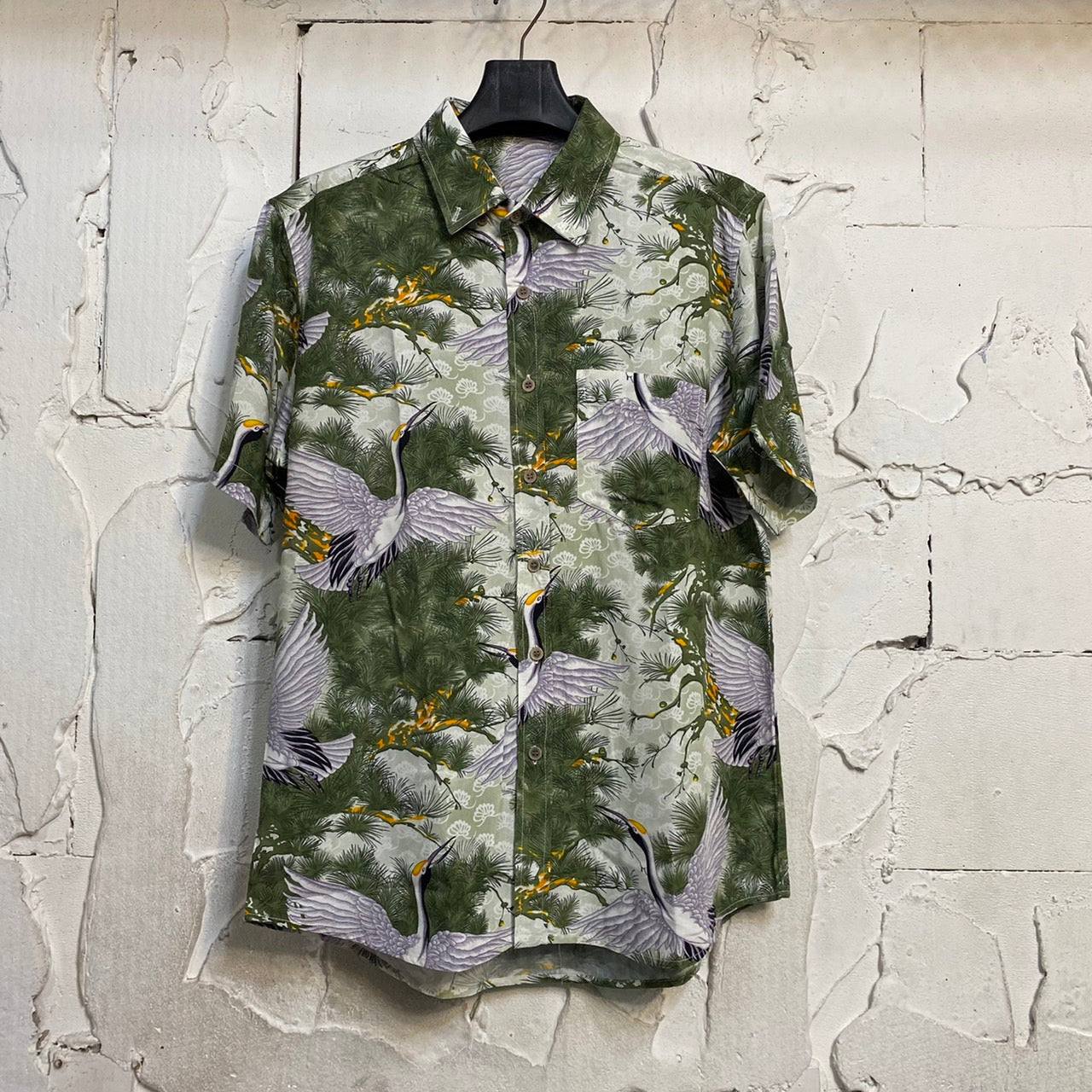 Chemise couleur gris et kaki imprimé motifs grues du japon - GL BOUTIK