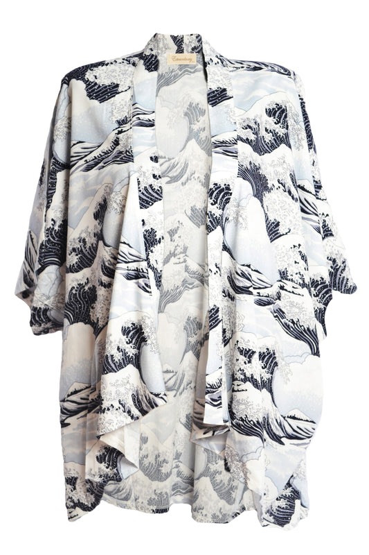 Kimono imprimé japonisant motif vague de kanagawa - GL BOUTIK