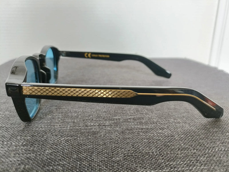 Black pantos glasses with blue lenses