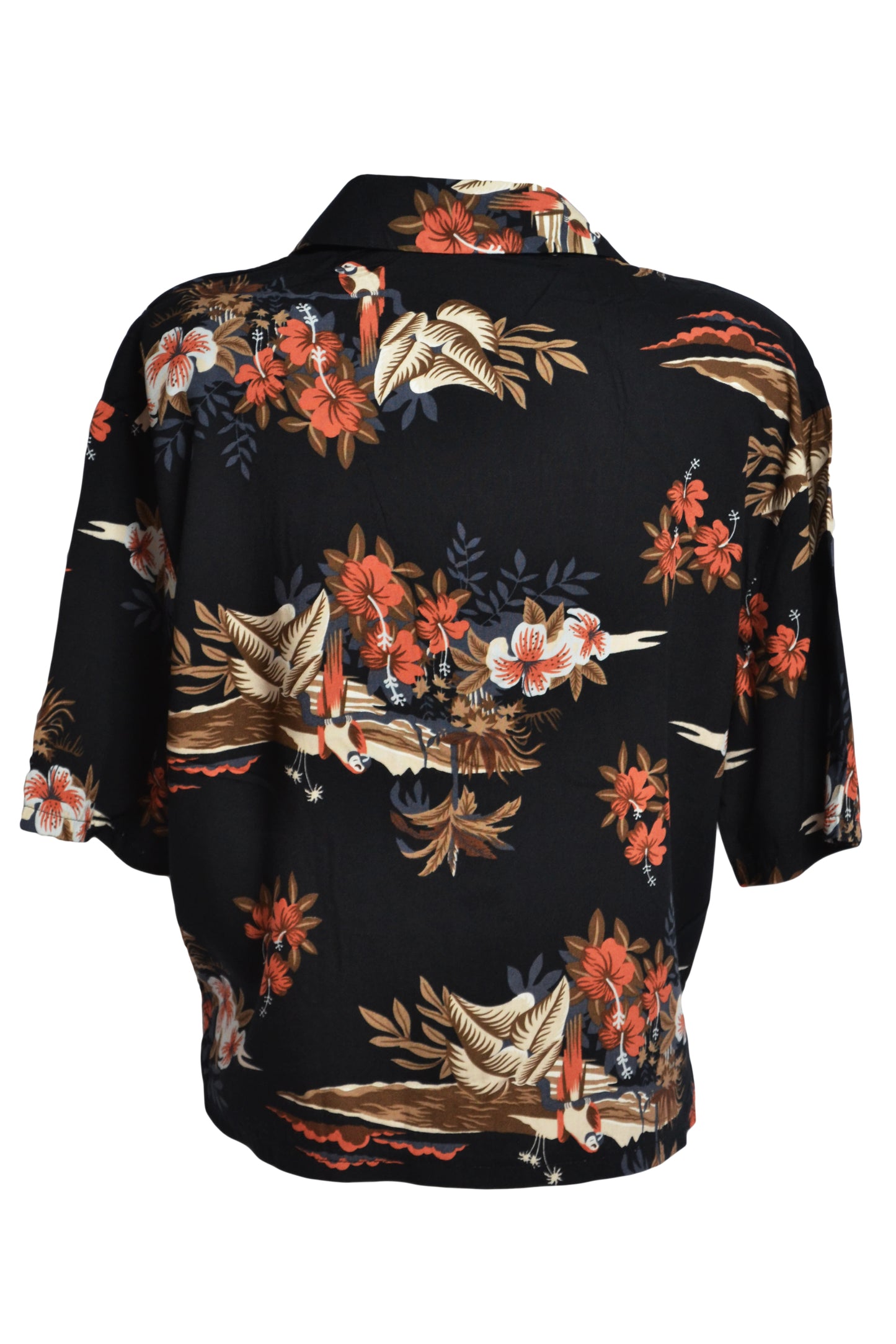 Vue dos chemisier noir motifs fleurs et perroquets - GL BOUTIK