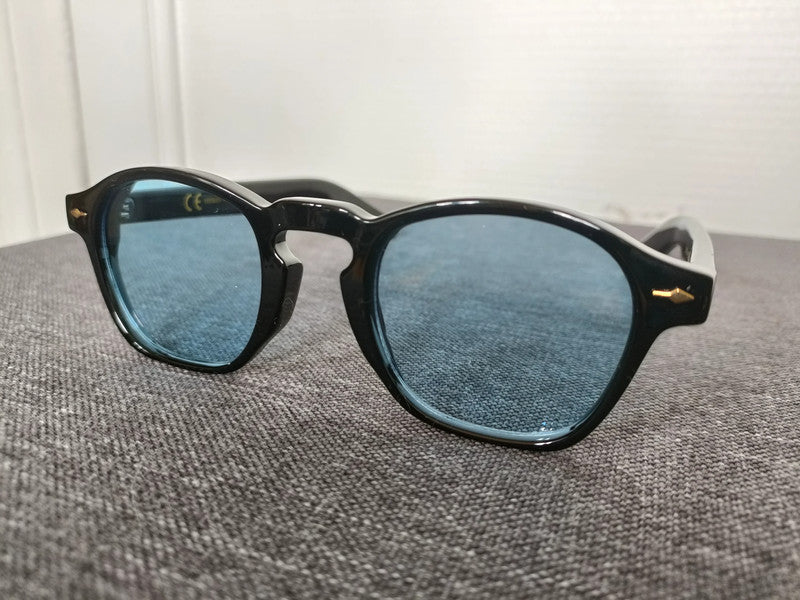 Black pantos glasses with blue lenses
