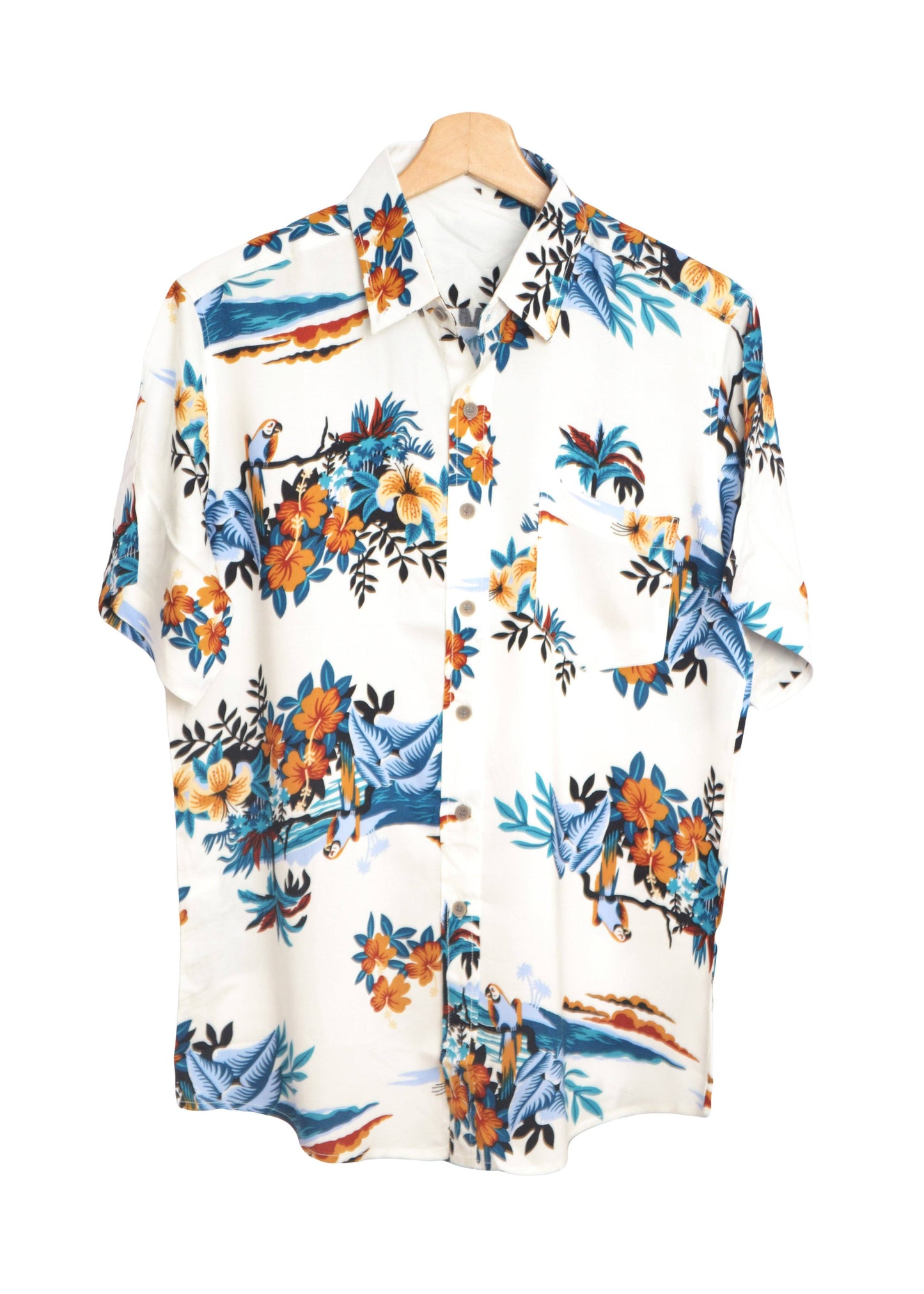Chemise hawaienne blanche imprimée fleurs et perroquets - glboutik.com