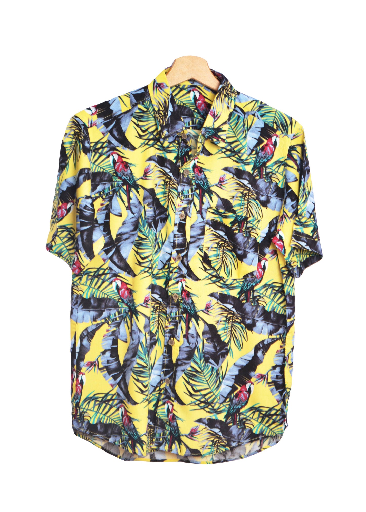 Chemise hawaienne jaune imprimé fleurs et perroquets - GL BOUTIK