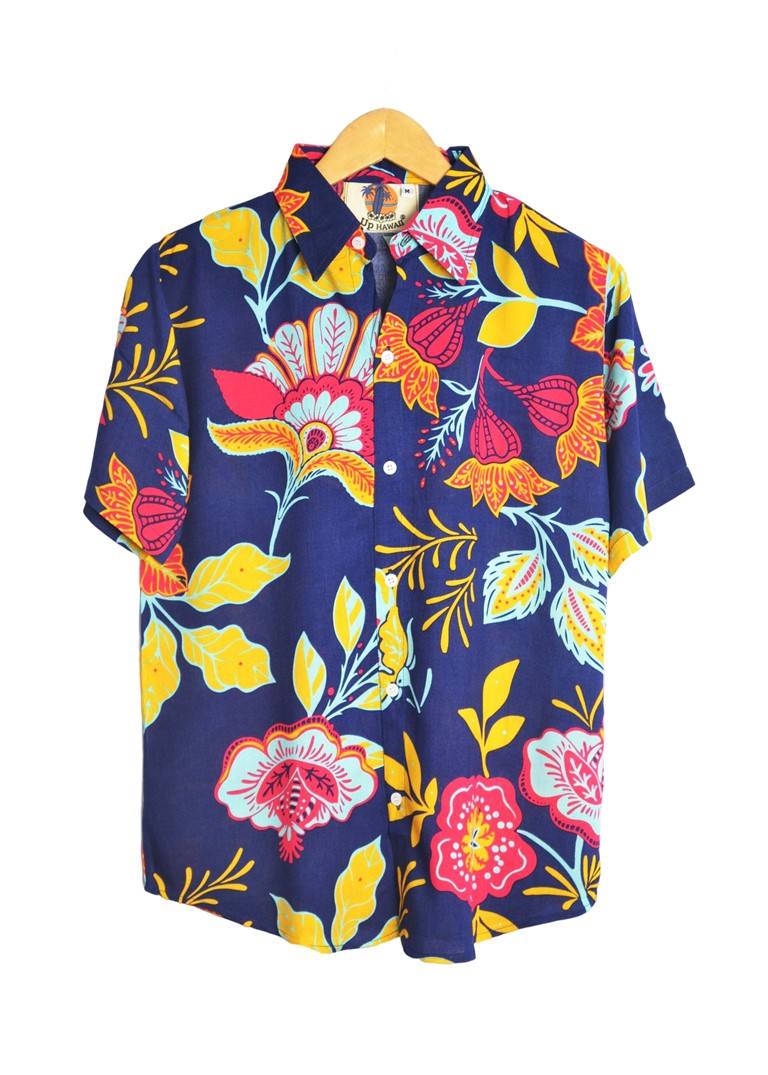 Chemise hawaienne couleur bleu marine à fleurs marque up hawaii - GL BOUTIK