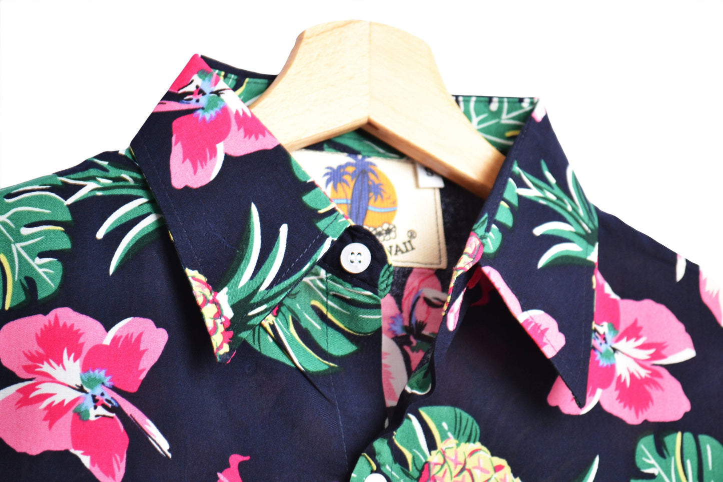 Chemisier femme noir marque up hawaii imprimé fleurs et ananas - Vue col - glboutik.com