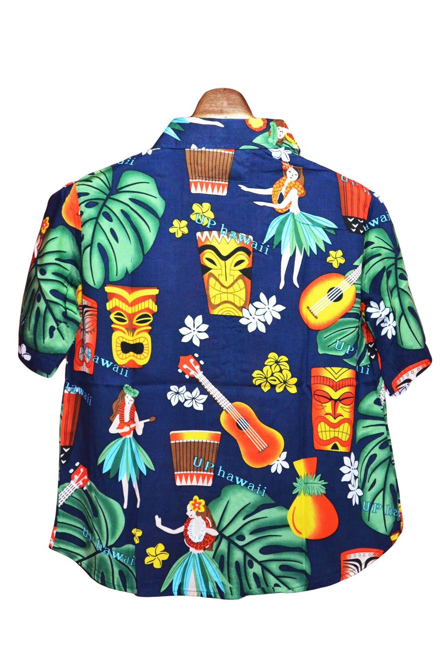 Chemisier femme bleu marine imprimé avec motifs hawaiens - Vue dos