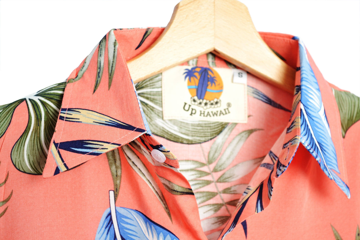 Vue étiquette chemisier à fleur couleur saumon marque up hawaii - GL BOUTIK