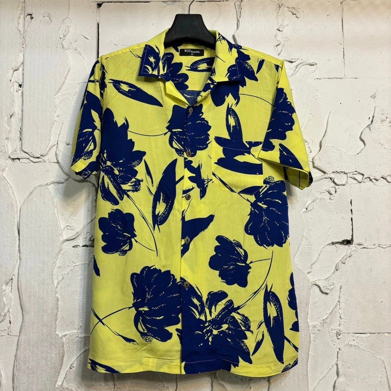 Chemise hawaienne jaune à fleurs bleu marine - GL BOUTIK