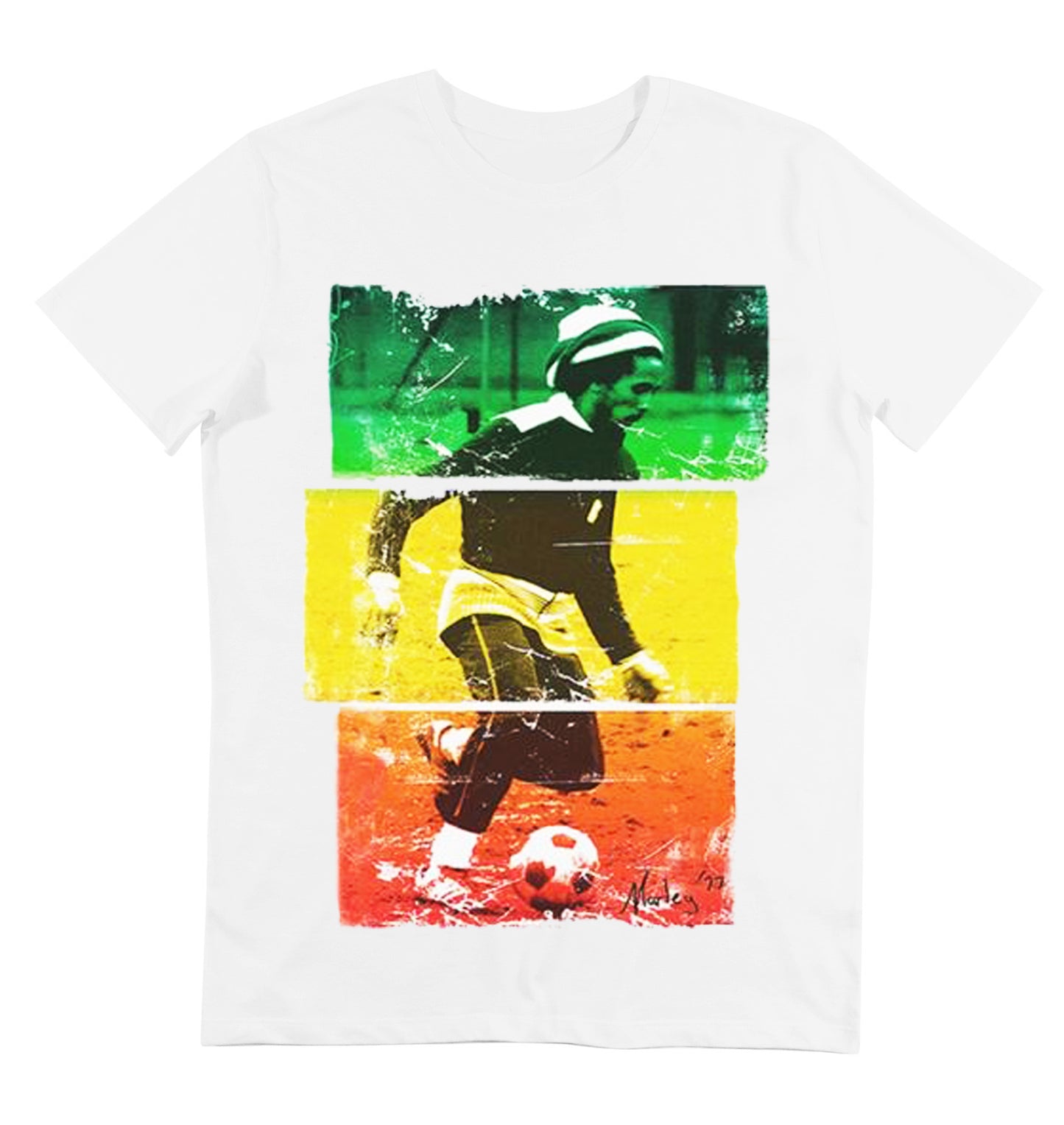 T-shirt blanc imprime photo de bob marley qui joue au foot - GL BOUTIK