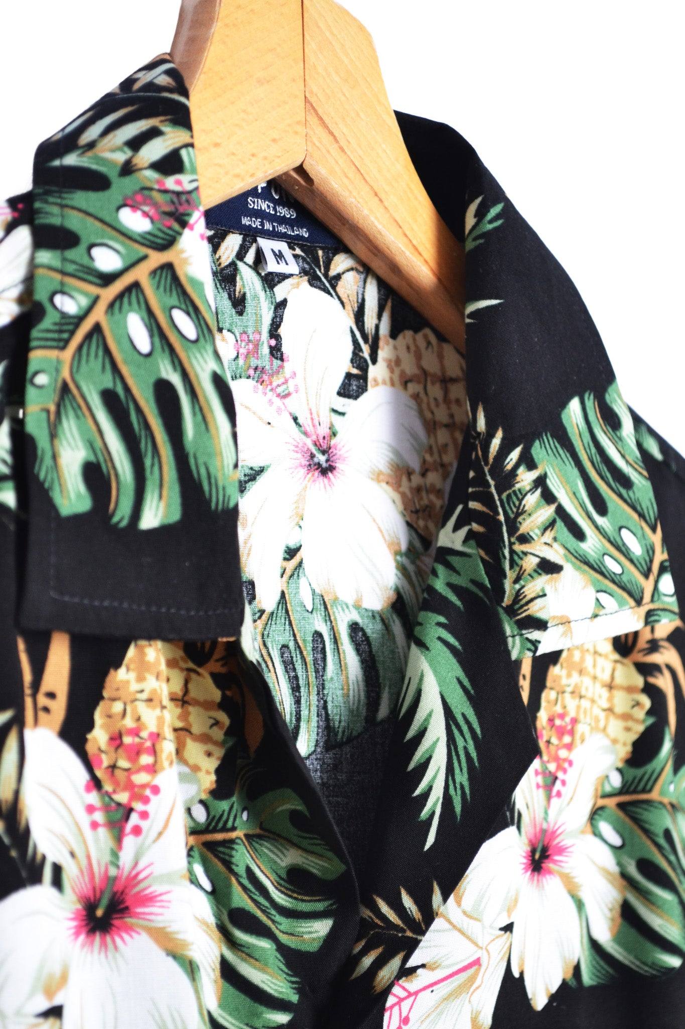 Vue col chemise hawaienne noire motifs fleurs et ananas - GL BOUTIK