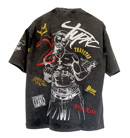 Vue dos t-shirt gris délavé stonewashed imprimé 2pac - GL BOUTIK