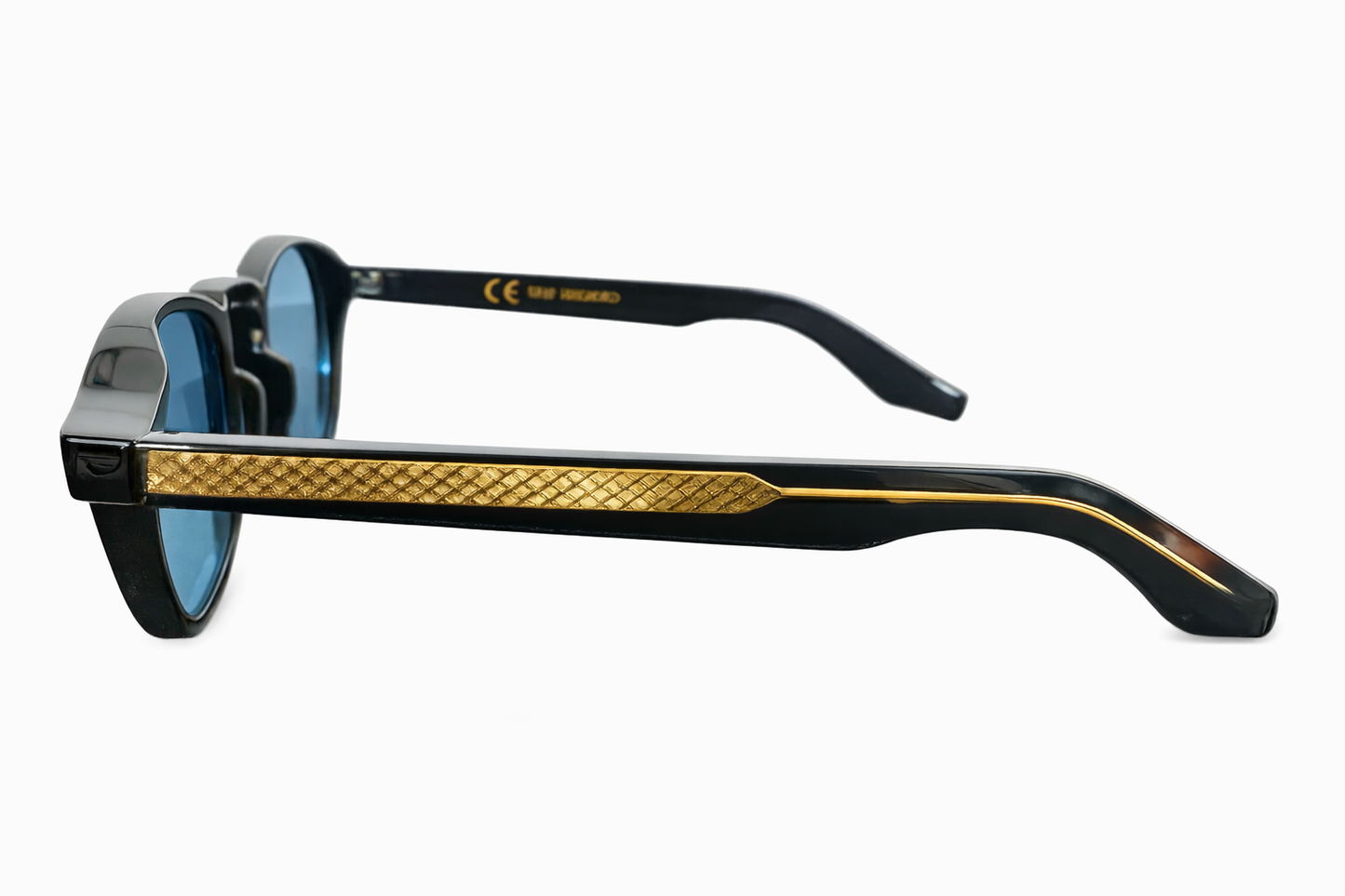 Vue côté lunettes de soleil style moscot noires à verres bleus - GL BOUTIK