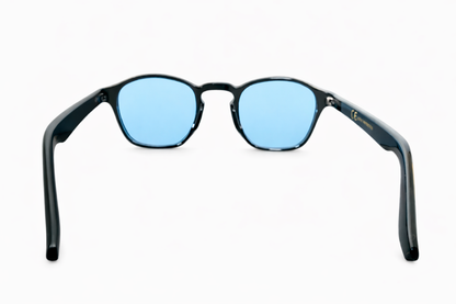 Vue arriere lunettes de soleil style moscot à monture noire et verres bleus - GL BOUTIK