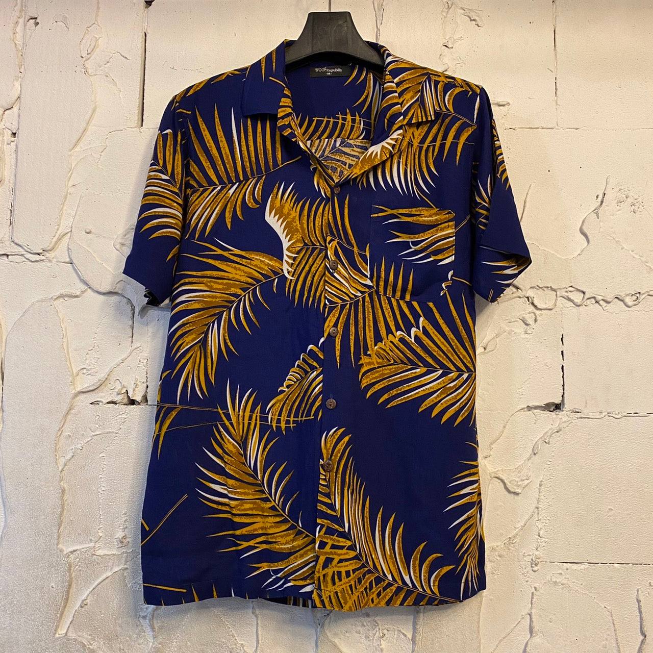 Chemise hawaienne pour homme bleu foncé avec fleurs dorées - GL BOUTIK