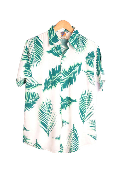 Chemise hawaienne blanche à fleurs vertes -GL BOUTIK