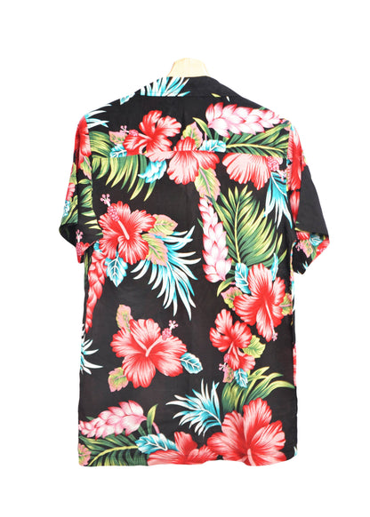Vue dos chemise hawaienne noire à fleurs avec col cubain - glboutik.com
