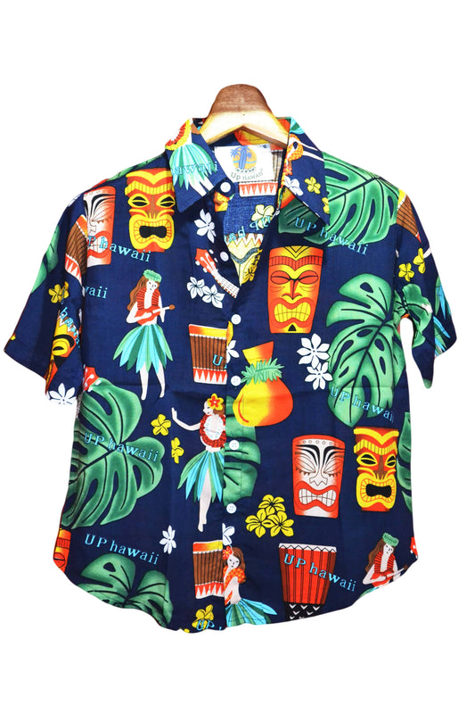 Chemisier femme bleu marine imprimé avec motifs hawaiens - Marque up hawaii