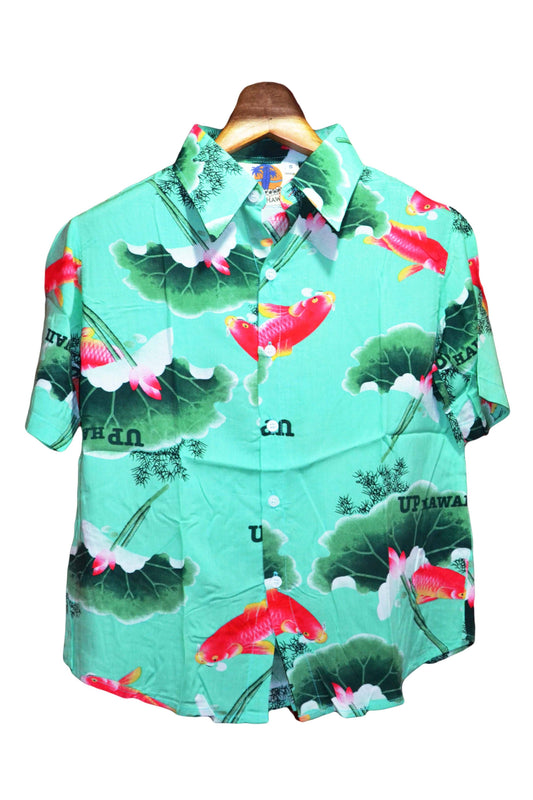Chemise hawaienne femme couleur turquoise avec imprimé poisson koi