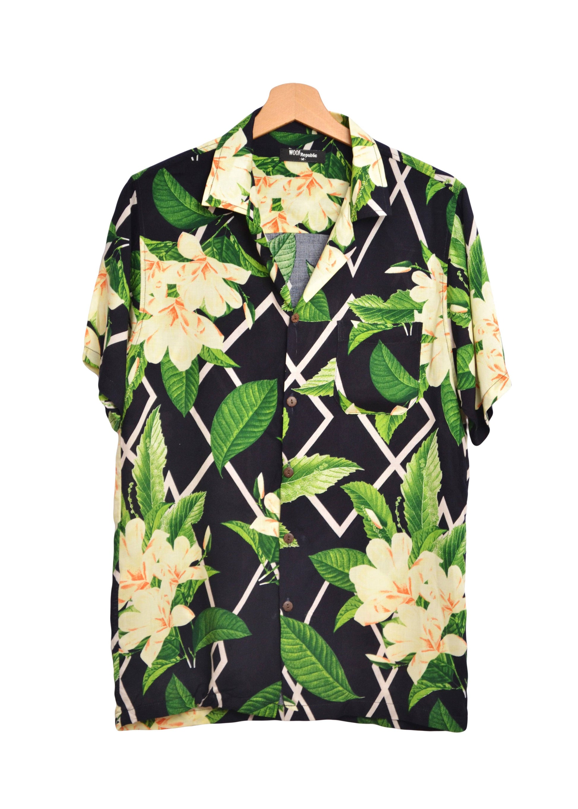 Chemise hawianne pour homme noire avec imprimé floral blanc et vert - GL BOUTIK
