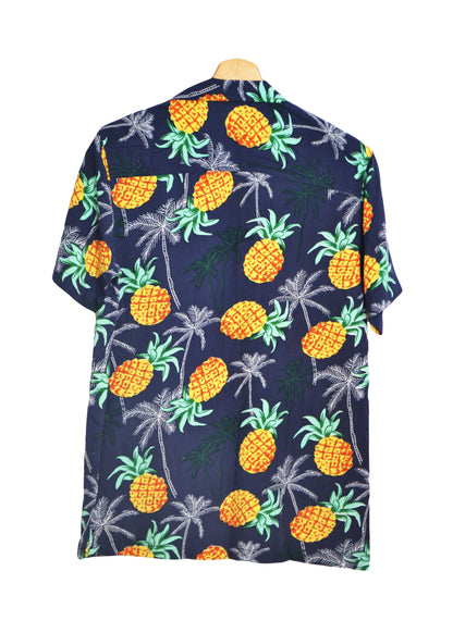 Vue dos chemise hawaienne couleur bleu marine avec imprimé ananas - glboutik.com
