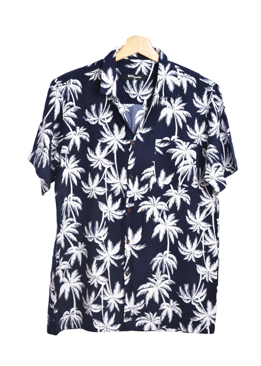 Chemise bleu marine motifs palmiers blanc - GL BOUTIK