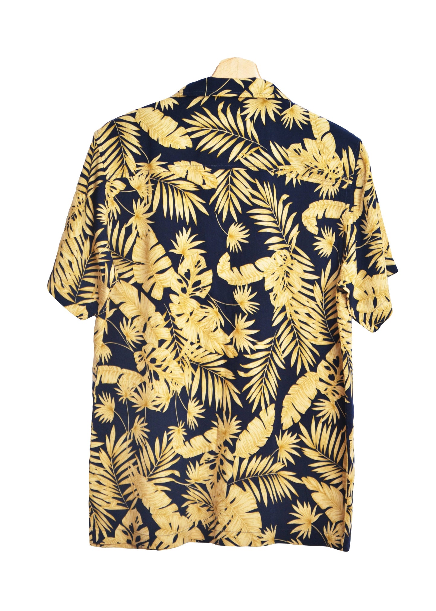 Vu dos Chemise hawaienne couleur bleu marine à feuilles dorées - GL BOUTIK