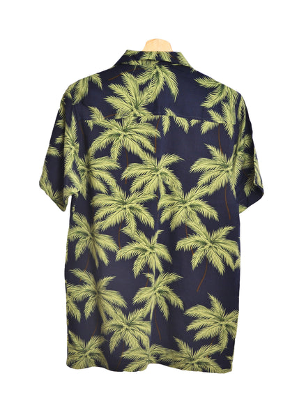 Vue dos chemise hawaienne bleue marine imprimé feuilles de palmiers - GL BOUTIK
