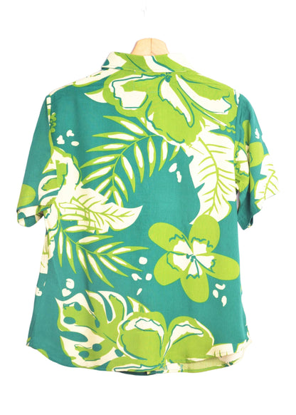 Vue dos chemise hawaienne coupe femme verte à fleurs - GL BOUTIK
